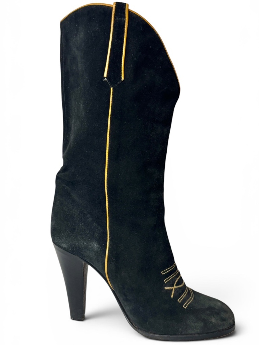 Rare‎ Smyth Bros Vintage 70's Black Italian Suede Heel Boots with Pipping Size 6